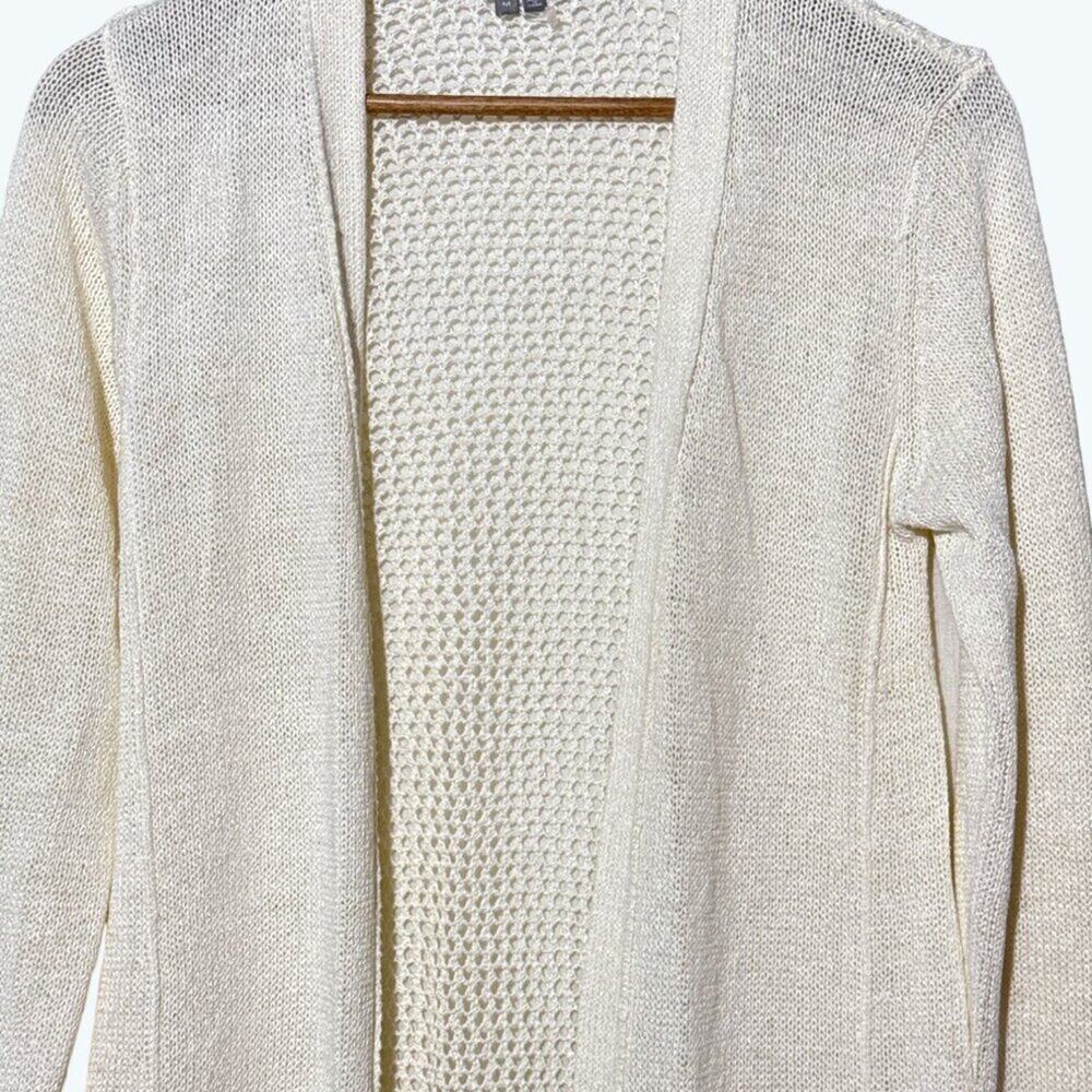 360 Sweater Cardigan Womens M Ivory Linen Blend Open Knit Longline Pockets